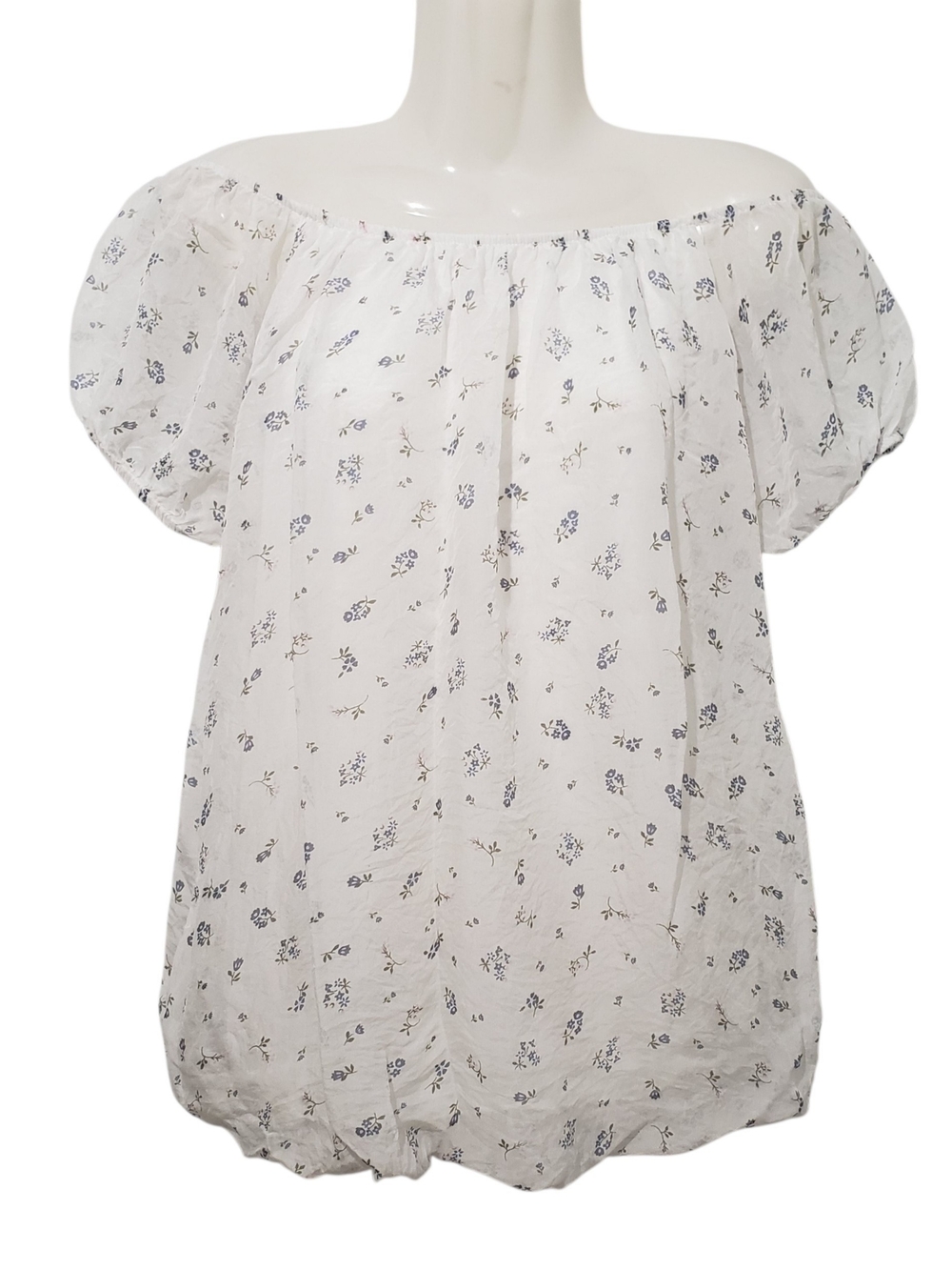 TENDENZE Silk Sheer White Floral Off-Shoulder Peasant Top | Medium